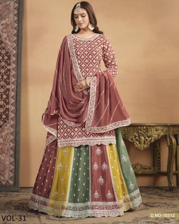 Exclusive Designer Kurti Style Top With Multi Coloured Lehenga Design For Weddings