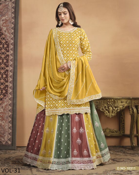 Exclusive Designer Kurti Style Top With Multi Coloured Lehenga Design For Weddings