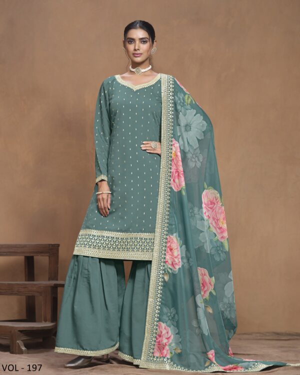 Outstanding PartyWear Roman Silk Kurta With Plazo And Floral Digital Printed Dupatta