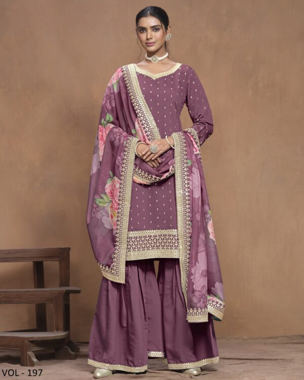 Outstanding PartyWear Roman Silk Kurta With Plazo And Floral Digital Printed Dupatta