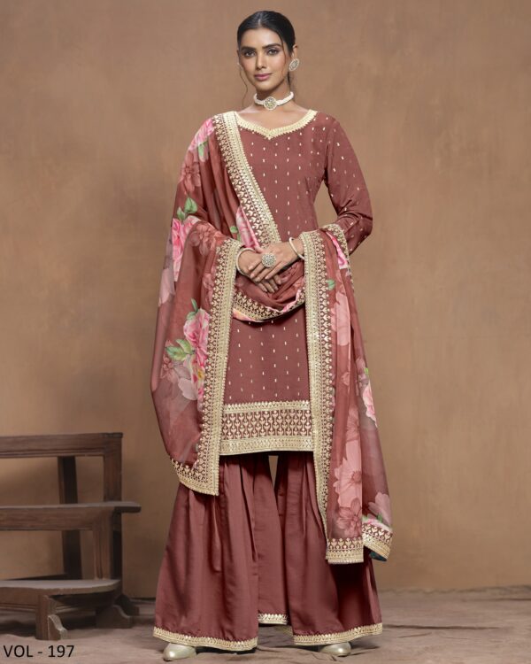 Outstanding PartyWear Roman Silk Kurta With Plazo And Floral Digital Printed Dupatta