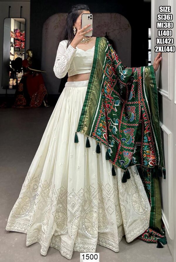 Fascinating Lucknowi Paper Mirror Work White Georgette Lehenga Choli With Different Colours Of Dupatta