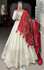 Fascinating Lucknowi Paper Mirror Work White Georgette Lehenga Choli With Different Colours Of Dupatta