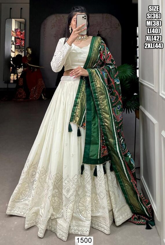 Fascinating Lucknowi Paper Mirror Work White Georgette Lehenga Choli With Different Colours Of Dupatta