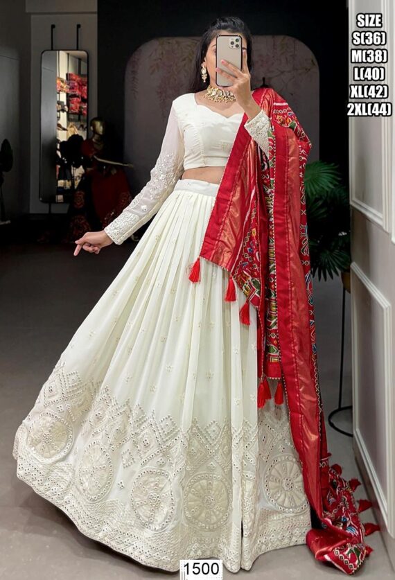 Fascinating Lucknowi Paper Mirror Work White Georgette Lehenga Choli With Different Colours Of Dupatta