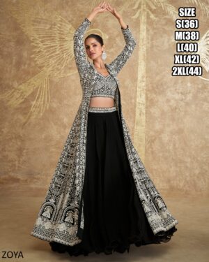 Georgette Embroidered With Mirror Work Crop Top And Flared Lehenga With Long Shrug