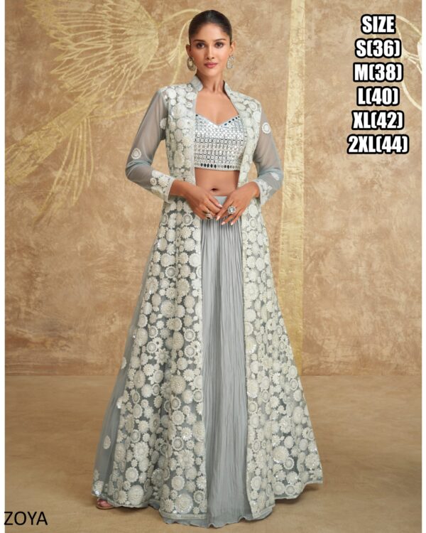 Georgette Embroidered With Mirror Work Crop Top And Flared Lehenga With Long Shrug