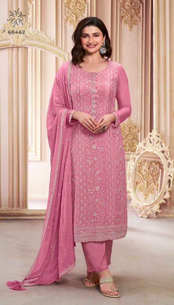 Latest Designer Festive Wear Look Un-Stitched Thread Embroidered Chinon Salwar Suits Dress