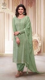 Latest Designer Festive Wear Look Un-Stitched Thread Embroidered Chinon Salwar Suits Dress