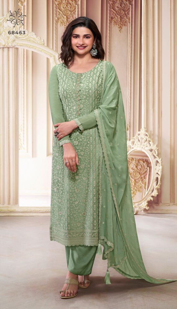 Latest Designer Festive Wear Look Un-Stitched Thread Embroidered Chinon Salwar Suits Dress