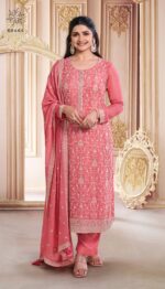 Latest Designer Festive Wear Look Un-Stitched Thread Embroidered Chinon Salwar Suits Dress