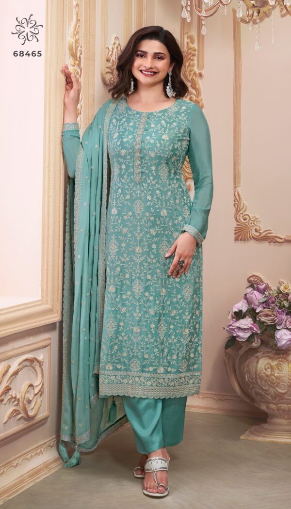 Latest Designer Festive Wear Look Un-Stitched Thread Embroidered Chinon Salwar Suits Dress