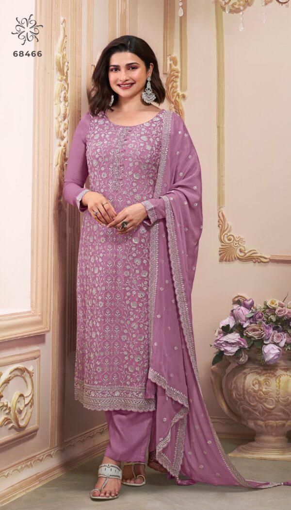 Latest Designer Festive Wear Look Un-Stitched Thread Embroidered Chinon Salwar Suits Dress