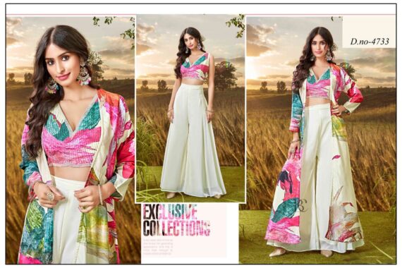 Beautifully White Floral Print With Handwork In Crop Top, Shrug And Flowy Plazo Pant