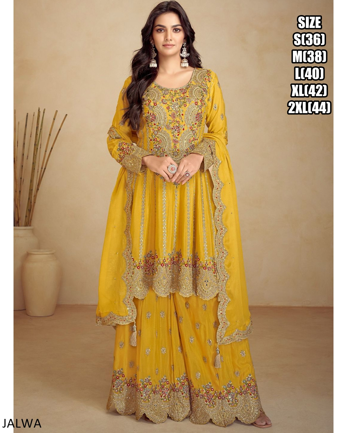 Pink Chinon Silk Plazo Suit With Kameez & Dupatta For Indian & Pakistani Wedding Festival - Stone With Dori & Thread Embroidery Work main image 1