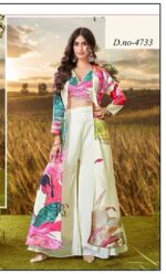 Beautifully White Floral Print With Handwork In Crop Top, Shrug And Flowy Plazo Pant