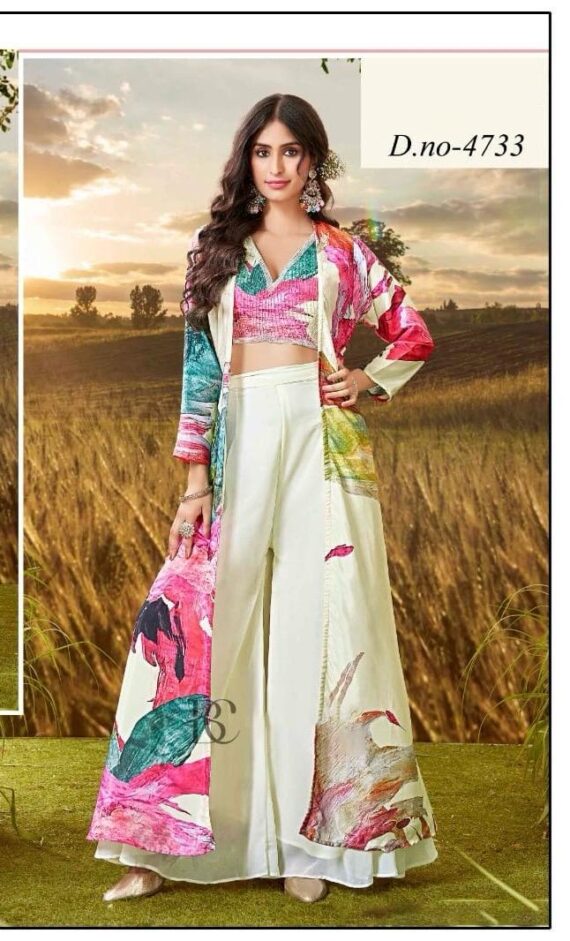 Beautifully White Floral Print With Handwork In Crop Top, Shrug And Flowy Plazo Pant
