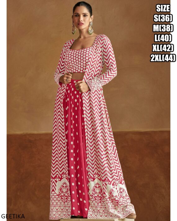 Ready To Wear Embroidery Designer Crop Top With Plazo And Long Shrugs For Parties