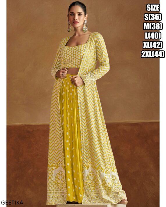 Ready To Wear Embroidery Designer Crop Top With Plazo And Long Shrugs For Parties