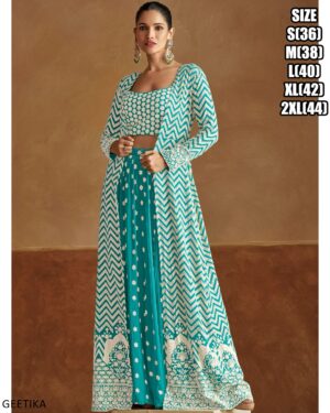 Ready To Wear Embroidery Designer Crop Top With Plazo And Long Shrugs For Parties