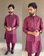 Men's Banglori Silk Beautiful Embroidery Sequins Work Full Sleeve Kurta Pant With Koti/Jacket