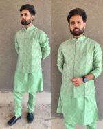 Men's Banglori Silk Beautiful Embroidery Sequins Work Full Sleeve Kurta Pant With Koti/Jacket