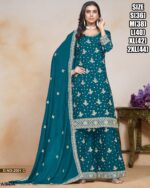 Chinon Embroidered Sequins Straight Kurta Plazo Suits For Elegant Festivals