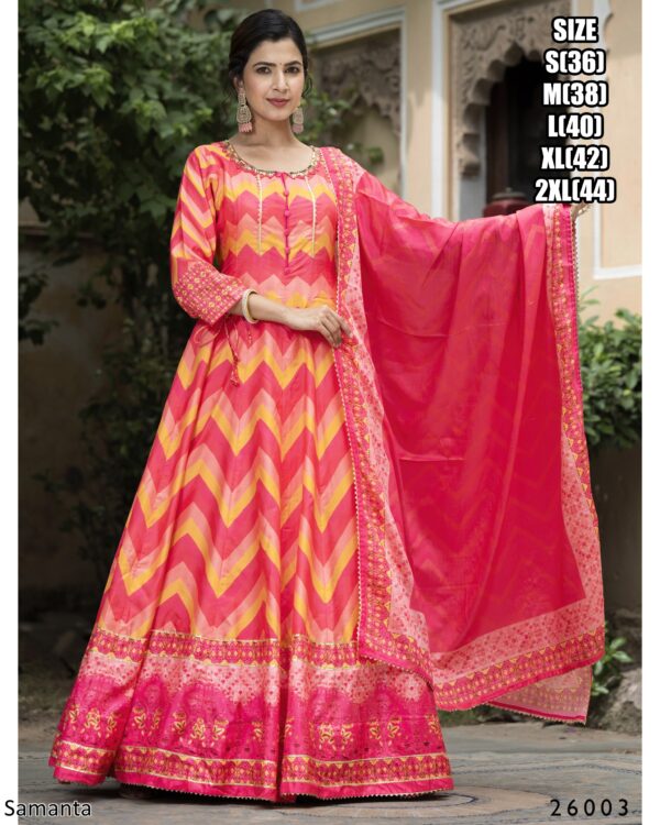 Captivating Multi Colours Of Digital Printed Dola Silk Event Wear Gown With Dupatta