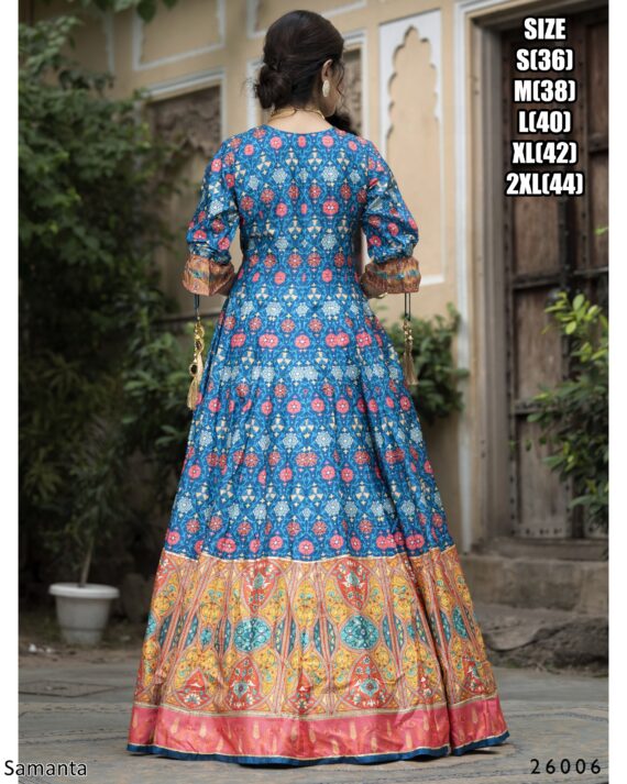 Captivating Multi Colours Of Digital Printed Dola Silk Event Wear Gown With Dupatta