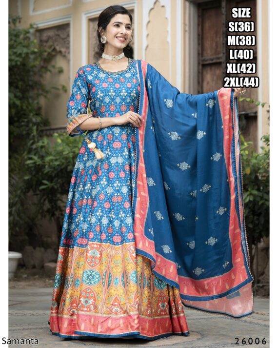 Captivating Multi Colours Of Digital Printed Dola Silk Event Wear Gown With Dupatta