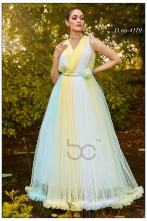 Ethnicrang Light Multi Colours In Plain Net Readymade Gown Dress Online