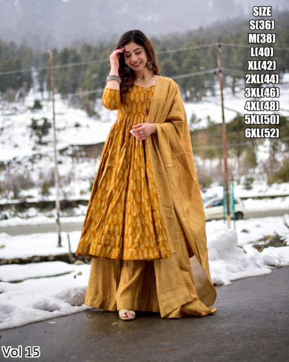 Presents This Stunning Fancy 3pcs Beautiful Printed Kurti With Full Flair Plazo And Dupatta Collection