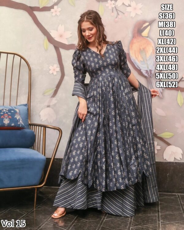 Presents This Stunning Fancy 3pcs Beautiful Printed Kurti With Full Flair Plazo And Dupatta Collection