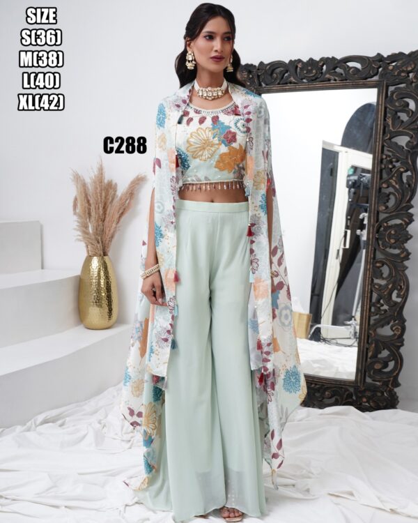 Make Your Elegant Party Look By Wearing This Stylish Crop Top With Plazo And Shrug Outfit