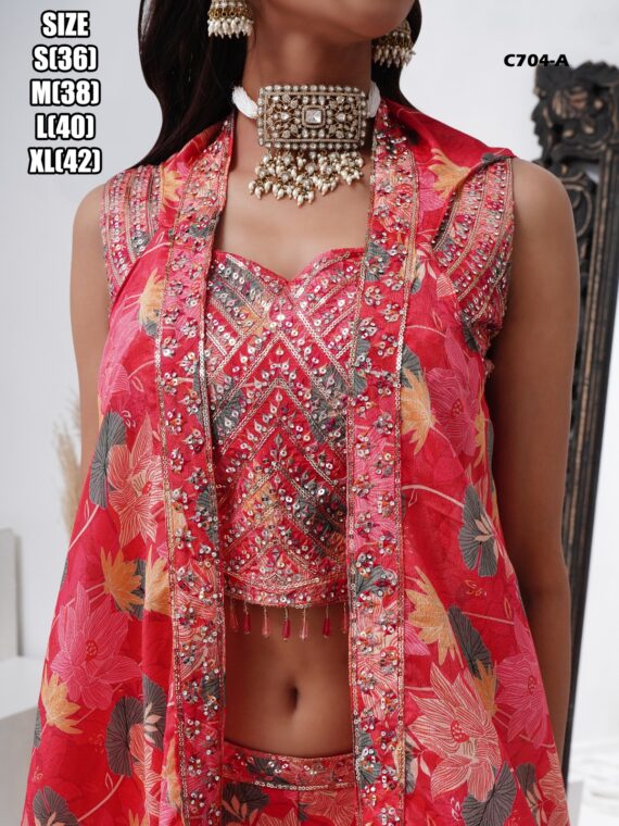 Make Your Elegant Party Look By Wearing This Stylish Crop Top With Plazo And Shrug Outfit