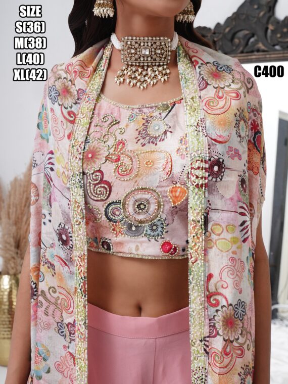 Make Your Elegant Party Look By Wearing This Stylish Crop Top With Plazo And Shrug Outfit