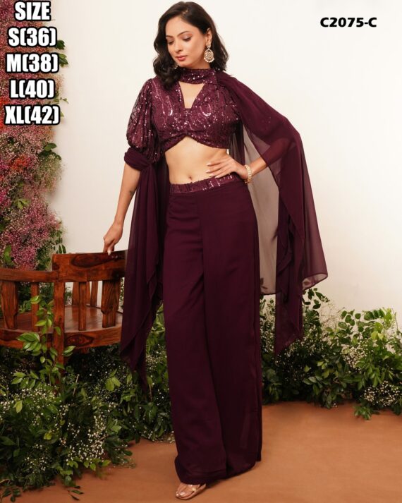 Western Style PartyWear Crop Top, Plazo And Shrug Set Adorned With Beautiful Hand Work