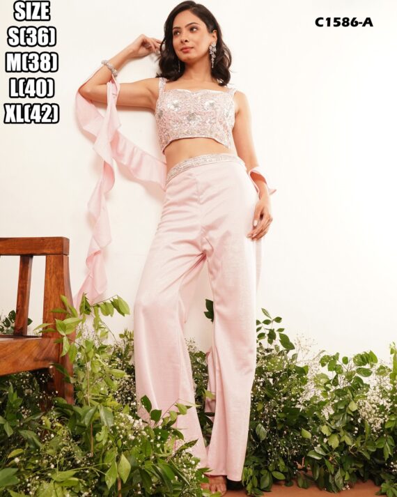 Western Style PartyWear Crop Top, Plazo And Shrug Set Adorned With Beautiful Hand Work