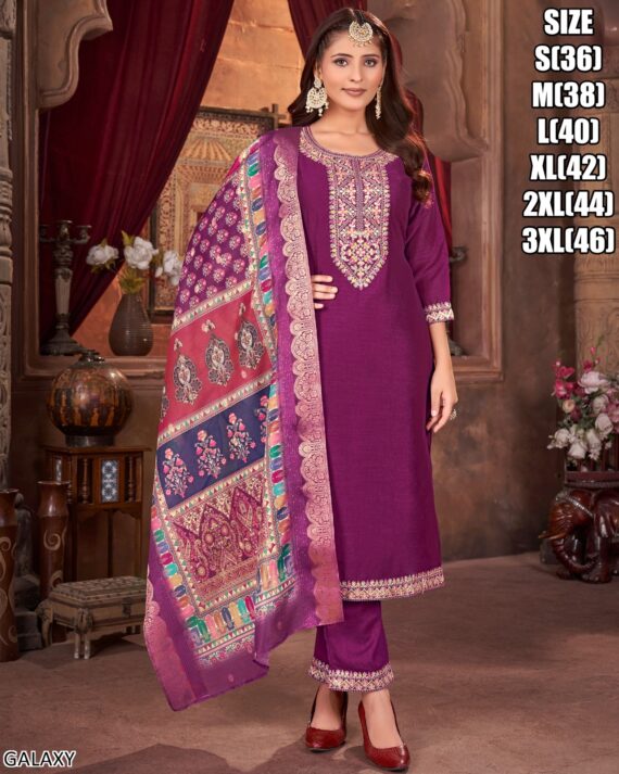 Presenting Classy Collection Of Silk Straight Embroidered Kurti With Pant And Dupatta Set