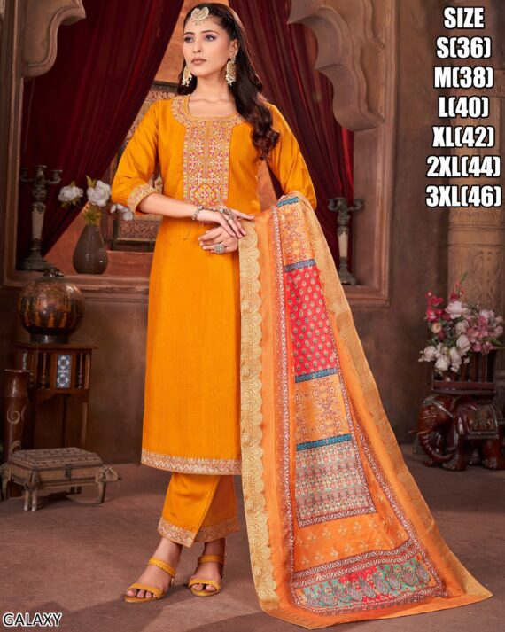 Presenting Classy Collection Of Silk Straight Embroidered Kurti With Pant And Dupatta Set
