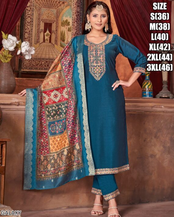Presenting Classy Collection Of Silk Straight Embroidered Kurti With Pant And Dupatta Set
