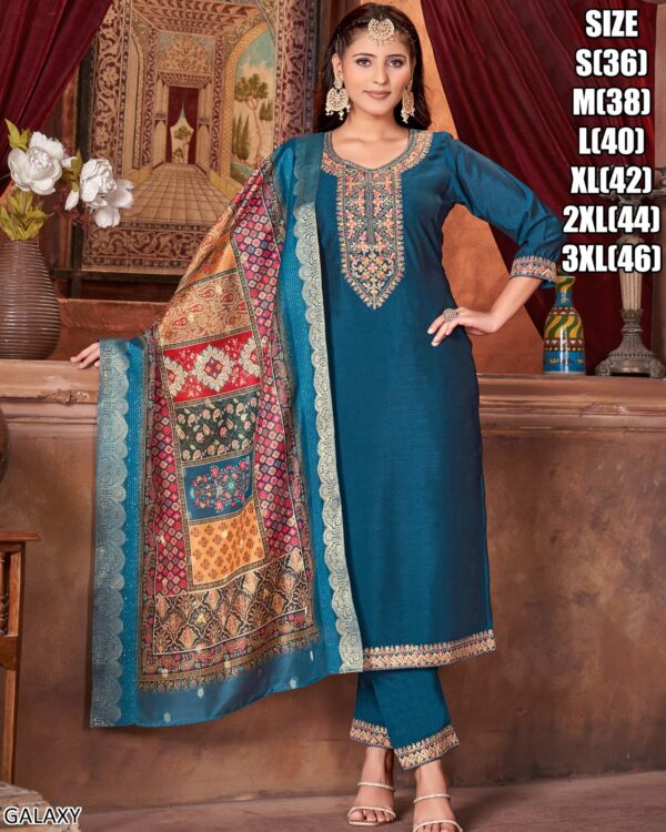 Presenting Classy Collection Of Silk Straight Embroidered Kurti With Pant And Dupatta Set