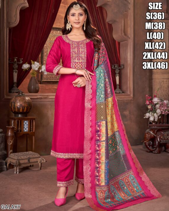 Presenting Classy Collection Of Silk Straight Embroidered Kurti With Pant And Dupatta Set