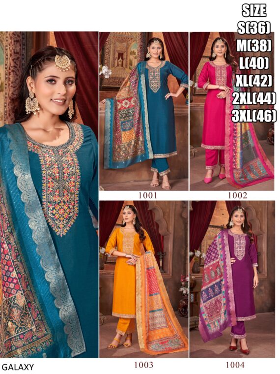 Presenting Classy Collection Of Silk Straight Embroidered Kurti With Pant And Dupatta Set