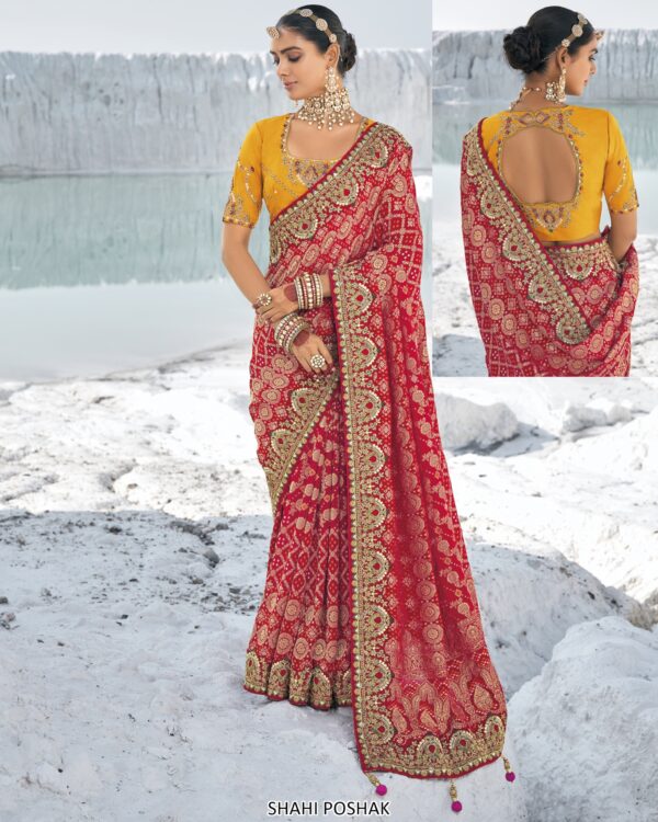 Available Luxurious Bandhani Patola Un-Stitched Saree With Contrast Colour Blouse