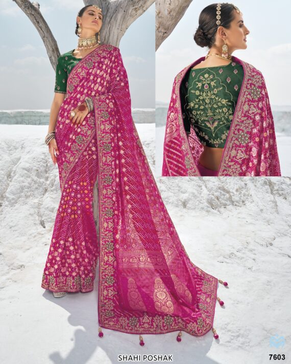 Available Luxurious Bandhani Patola Un-Stitched Saree With Contrast Colour Blouse