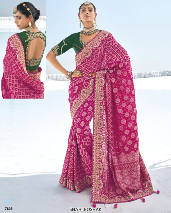 Available Luxurious Bandhani Patola Un-Stitched Saree With Contrast Colour Blouse