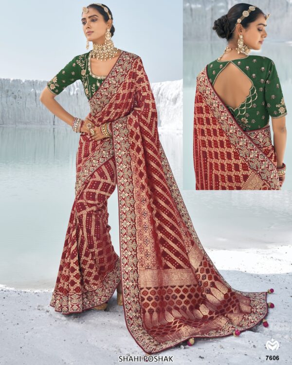 Available Luxurious Bandhani Patola Un-Stitched Saree With Contrast Colour Blouse