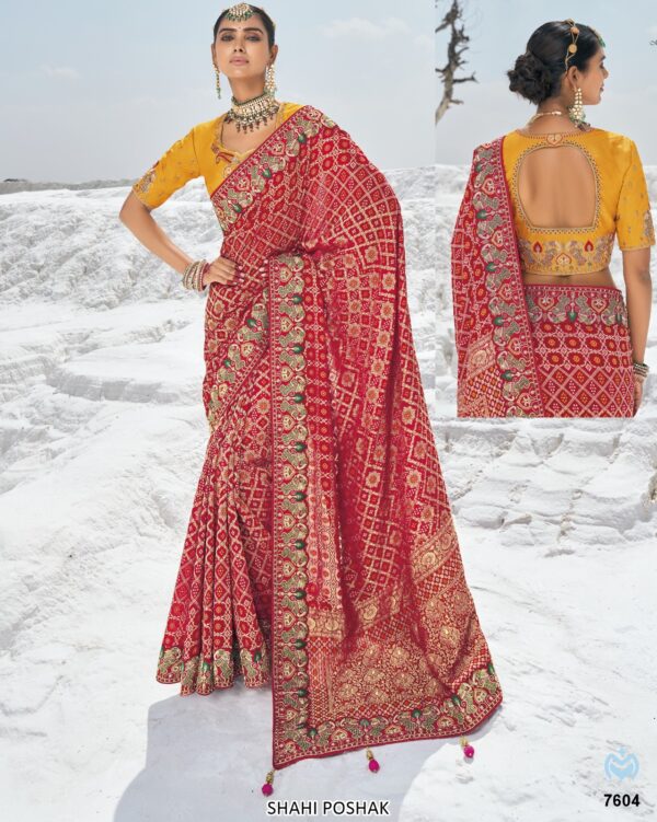 Available Luxurious Bandhani Patola Un-Stitched Saree With Contrast Colour Blouse