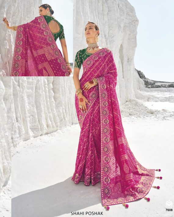 Available Luxurious Bandhani Patola Un-Stitched Saree With Contrast Colour Blouse